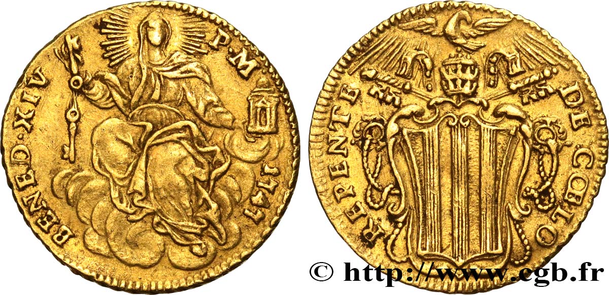 ITALY - PAPAL STATES - BENEDICT XIV (Prospero Lambertini) Zecchino (Sequin) en or 1747 Rome XF 