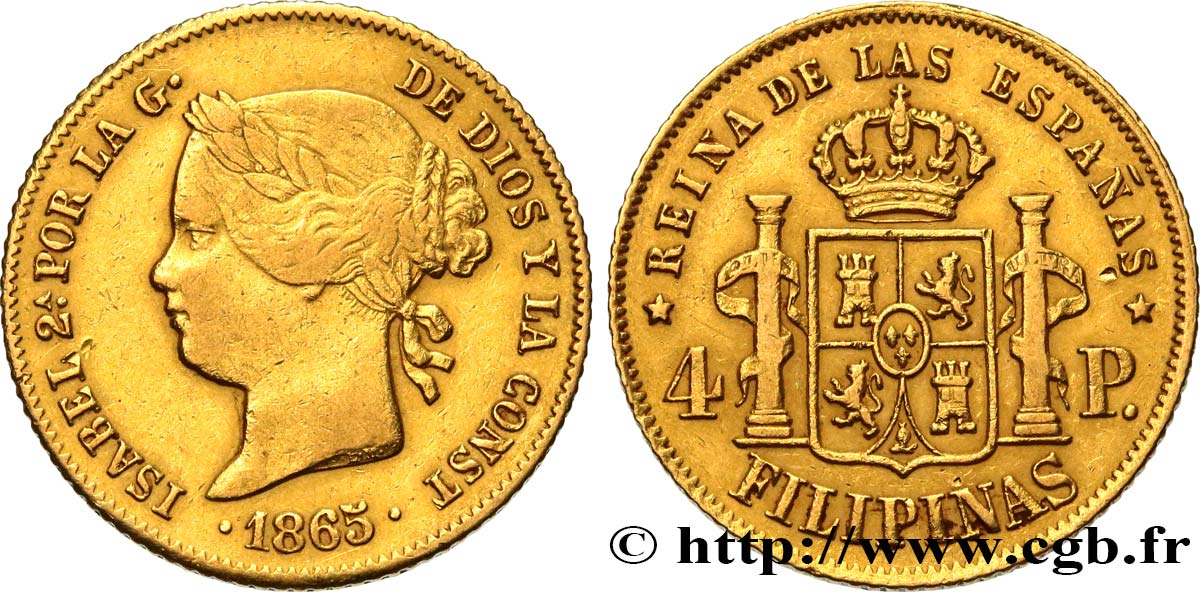 PHILIPPINES - ISABELLA II OF SPAIN 4 Pesos 1865  XF/AU 