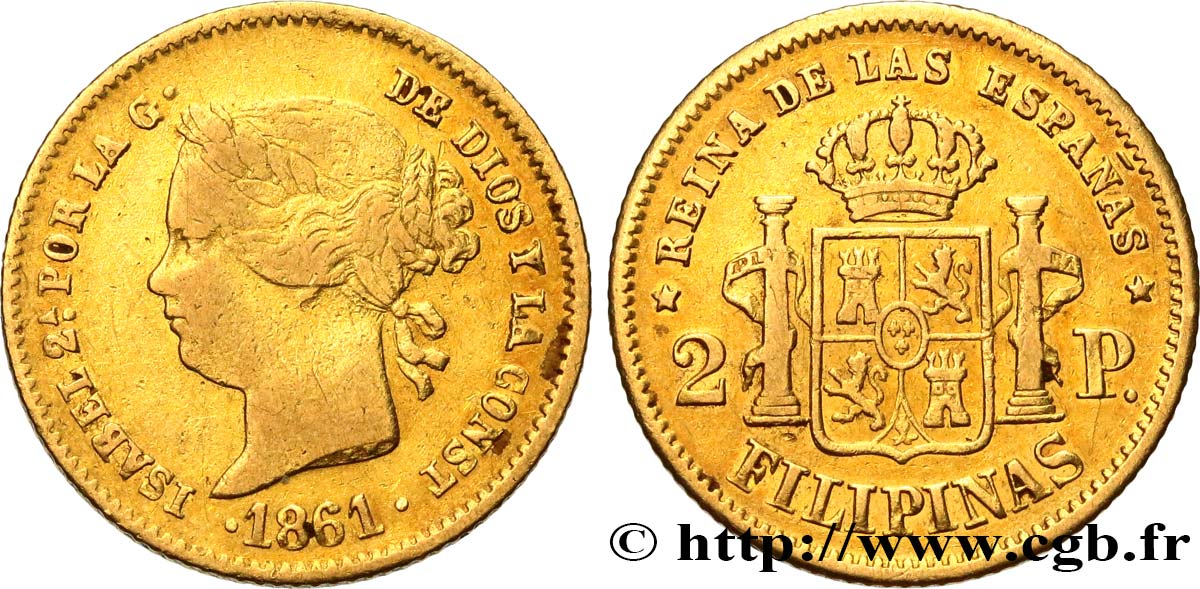 PHILIPPINES 2 Pesos Isabelle II 1861  VF 