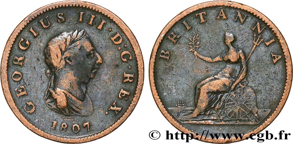 REINO UNIDO 1/2 Penny Georges III tête laurée 1807  BC 