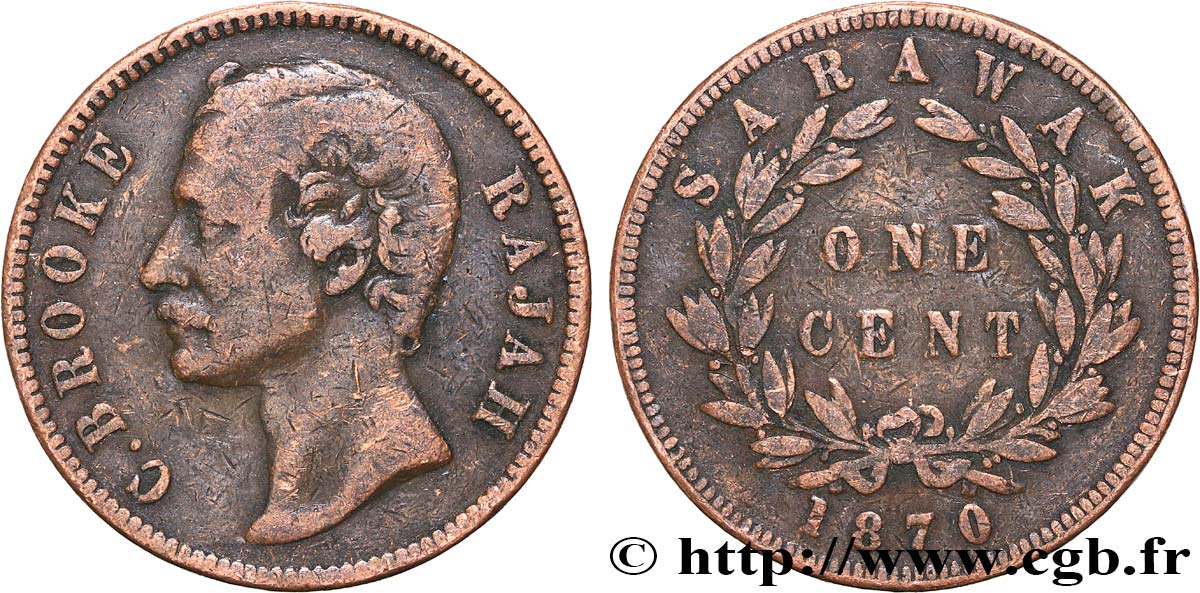 SARAWAK 1 Cent Sarawak Rajah J. Brooke 1870  VF 