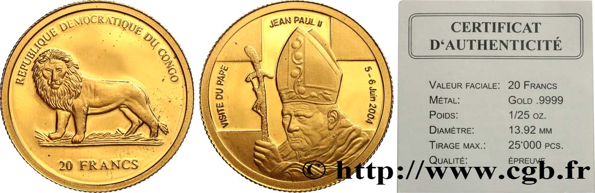 REPUBBLICA DEMOCRATICA DEL CONGO 20 Francs Proof Jean-Paul II 2004  FDC 