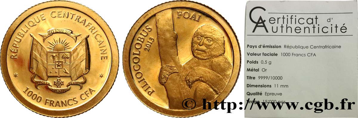 REPúBLICA CENTROAFRICANA 1000 Francs CFA Piliocolobus foai 2013  FDC 