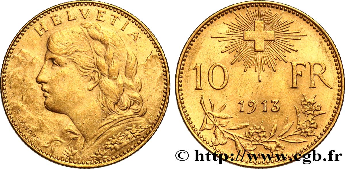 SUISSE 10 Francs or  Vreneli  1913 Berne SUP 