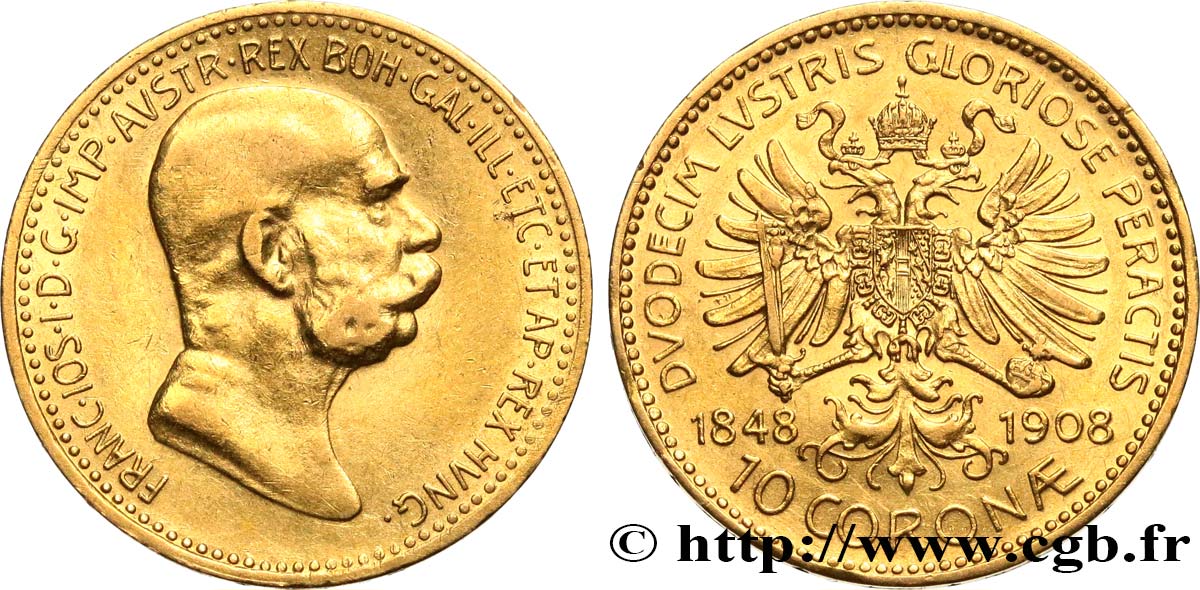 AUSTRIA 10 Corona François Joseph Ier 60e anniversaire de règne 1908 Vienne MBC+/EBC 