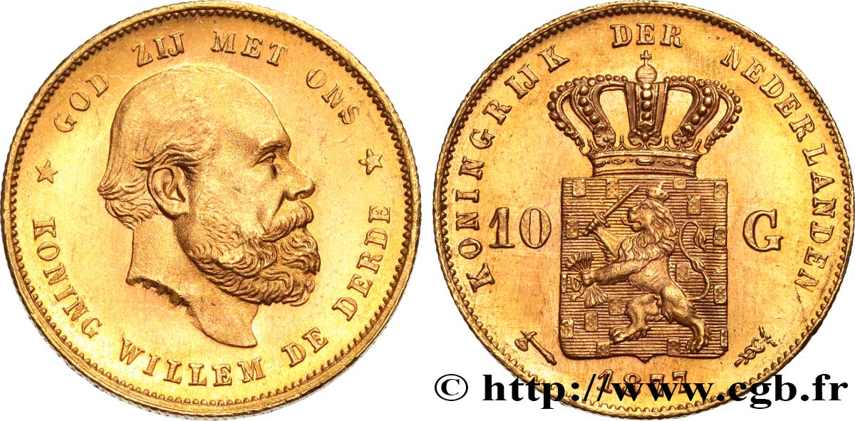 NETHERLANDS 10 Gulden Guillaume III, 2e type 1877 Utrecht MS 