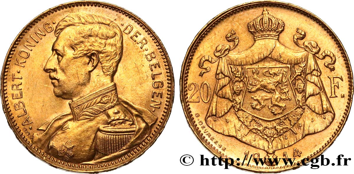 BELGIUM 20 Francs or Albert Ier légende flamande 1914  AU 