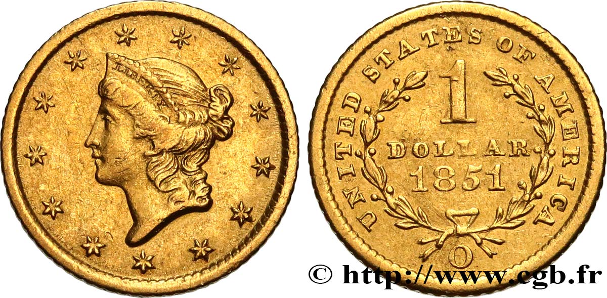 ÉTATS-UNIS D AMÉRIQUE 1 Dollar Or  Liberty head  1er type 1851 La Nouvelle-Orléans TTB 