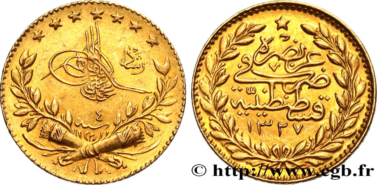 TURKEY 25 Kurush en or Sultan Mohammed V Resat AH 1327 An 4 (1912) Constantinople XF 