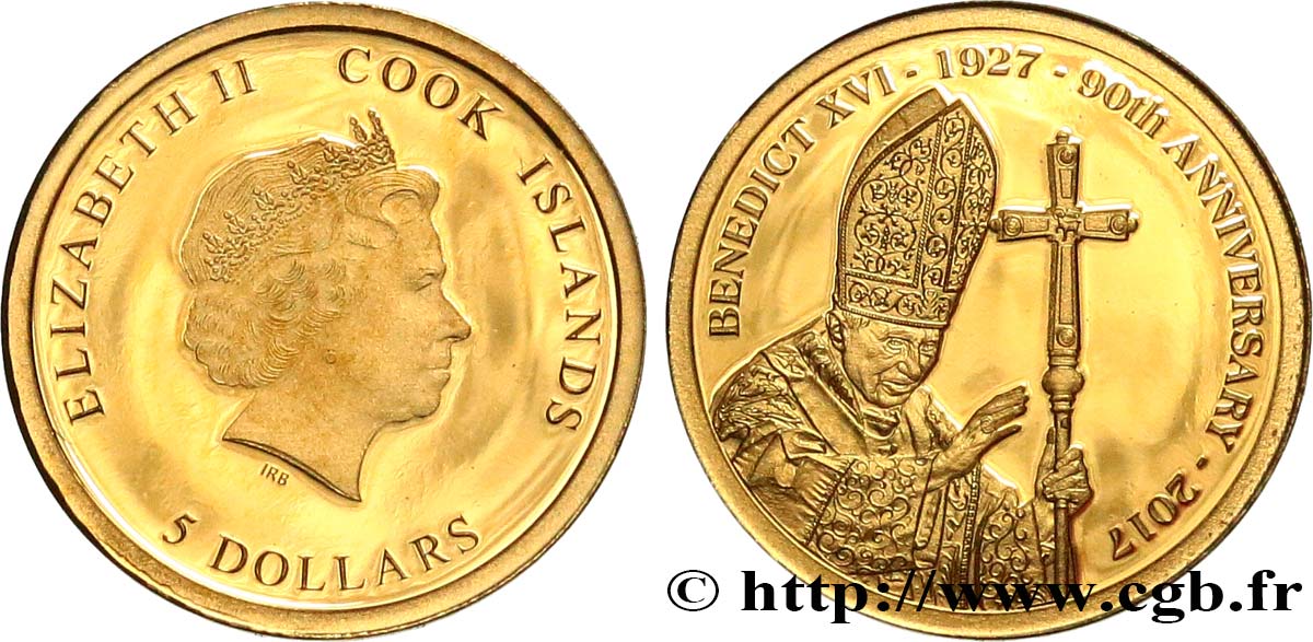 COOK ISLANDS 5 Dollar Proof 90e anniversaire du pape Benoît XVI 2017  MS 