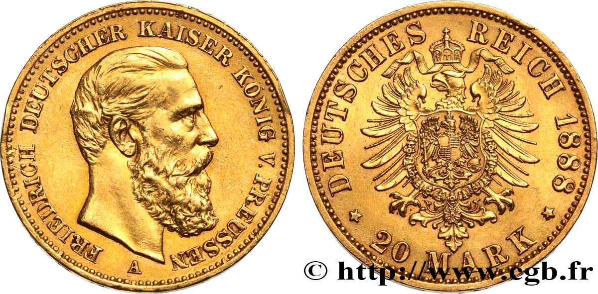 ALEMANIA - PRUSIA 20 Mark Frédéric III 1888 Berlin MBC+ 
