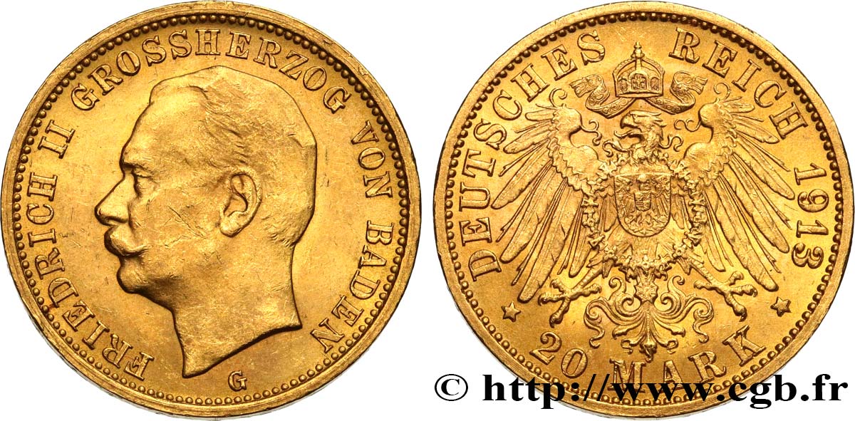 GERMANIA - BADEN 20 Mark Frédéric II 1913 Karlsruhe MS 
