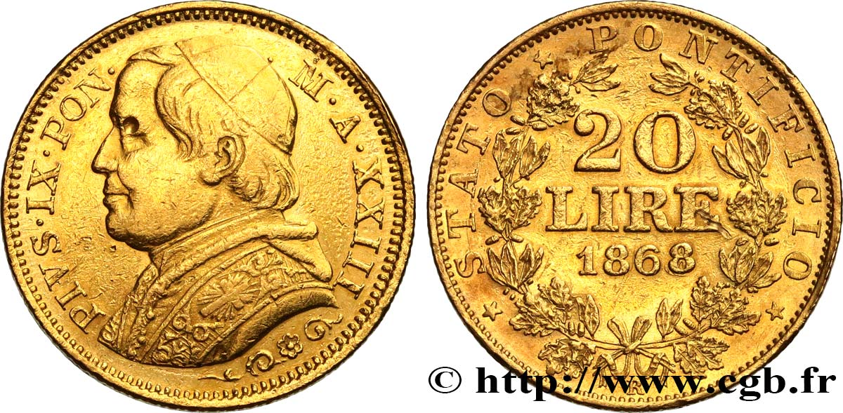 VATICAN AND PAPAL STATES 20 Lire Pie IX an XXIII 1868 Rome XF 