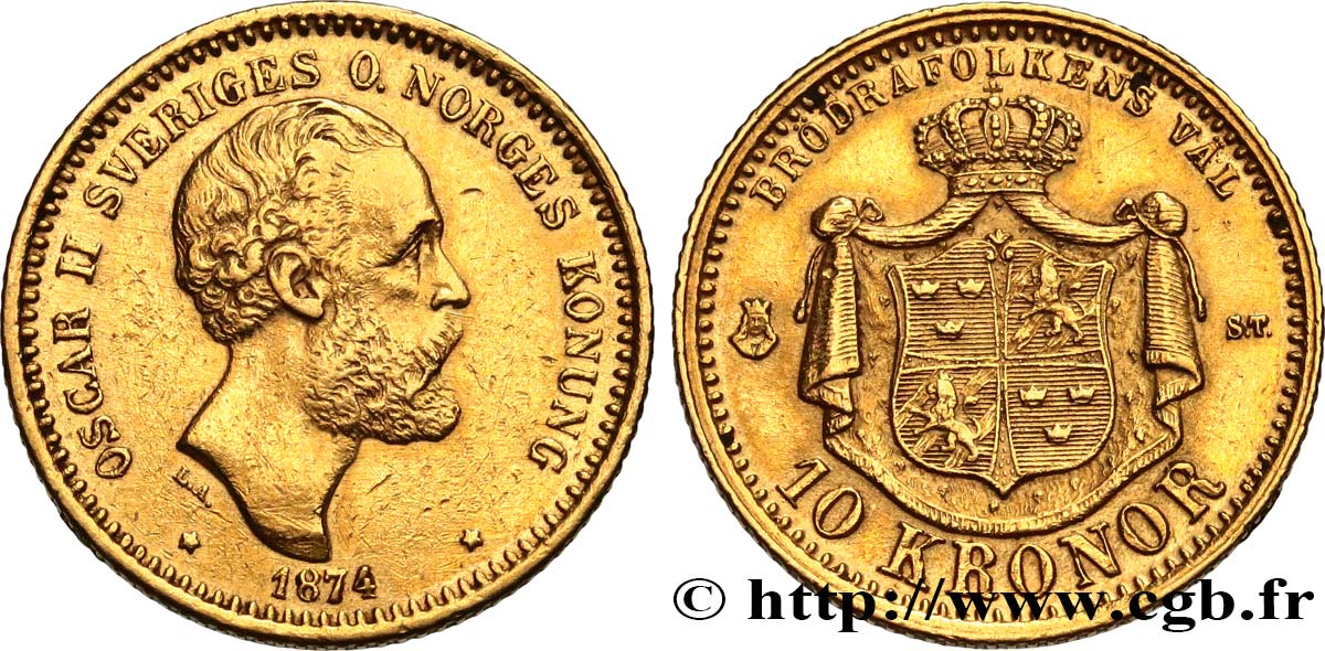 SUÈDE 10 Kronor Oscar II, 1er type 1874 Stockholm TTB+ 