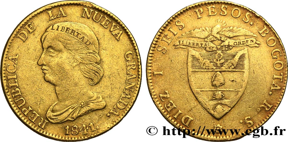 COLOMBIA - REPÚBLICA DE LA NUEVA GRANADA 16 Pesos 1841 Bogota MBC 