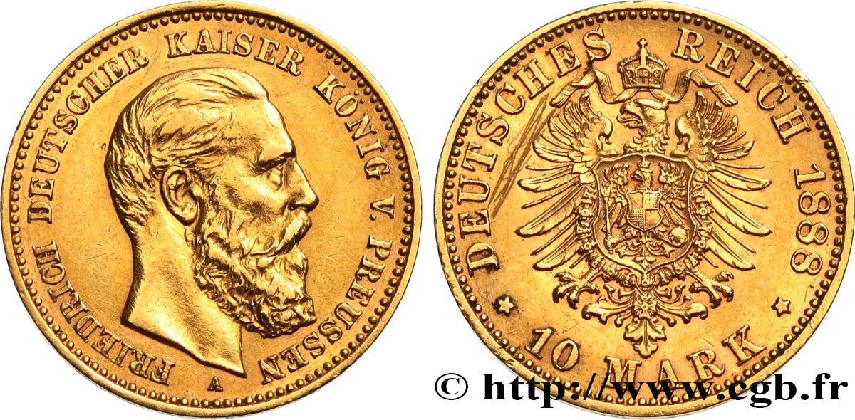 GERMANIA - PRUSSIA 10 Mark Frédéric III  1888 Berlin q.SPL 