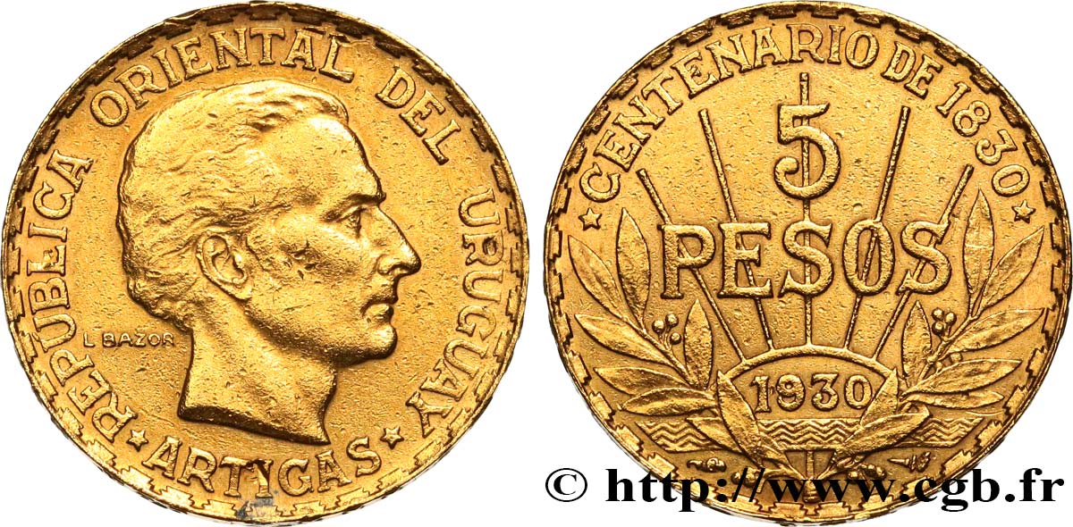 URUGUAY 5 Pesos Centenaire de la constitution 1930 Paris TTB+ 