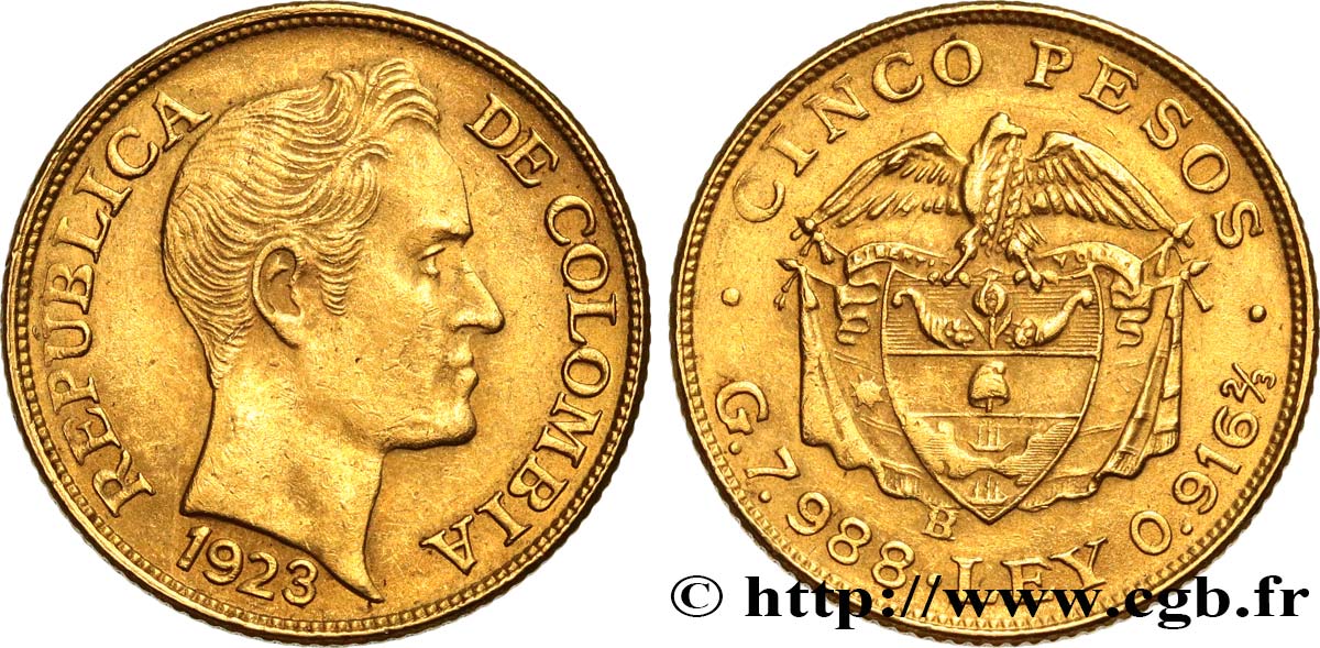 COLOMBIA 5 Pesos Simon Bolivar 1923 Bogota AU 