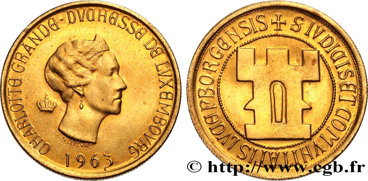 LUXEMBURG Médaille en or Grande-Duchesse Charlottte, module de 20 Francs or 1963 Bruxelles fST 