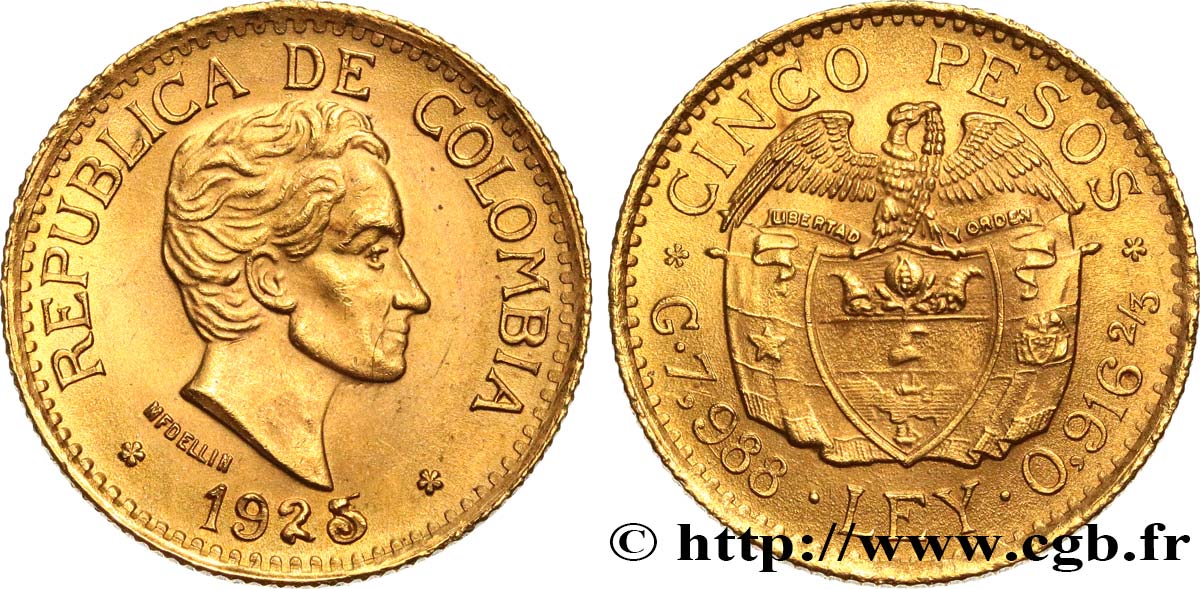COLOMBIE 5 Pesos Simon Bolivar 1925 Medellin SPL 