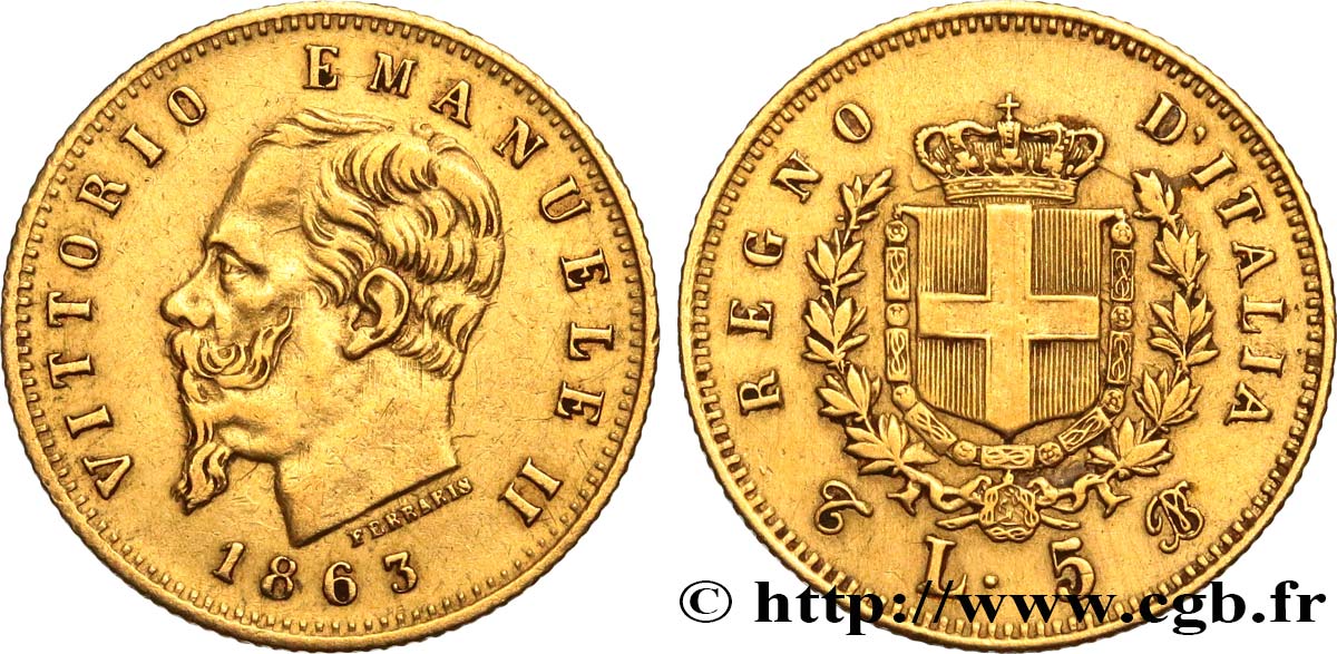 ITALIE 5 Lire Victor-Emmanuel II 1863 Turin TTB+ 