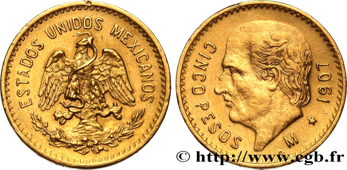 MÉXICO 5 Pesos Miguel Hidalgo 1907 Mexico MBC+ 