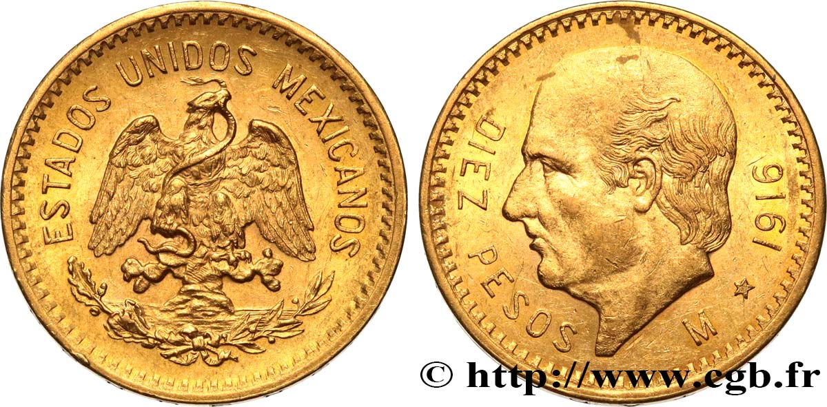 MEXIKO 10 Pesos or Miguel Hidalgo y Costilla 1916 Mexico VZ 