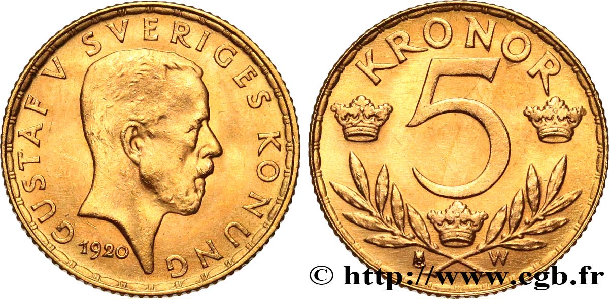 SVEZIA 5 Kronor Gustave V 1920  MS 