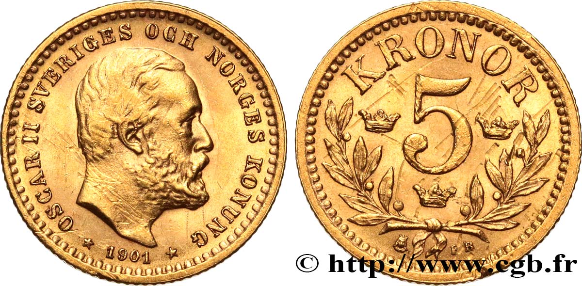 SWEDEN 5 Kronor Oscar II 1901  AU 