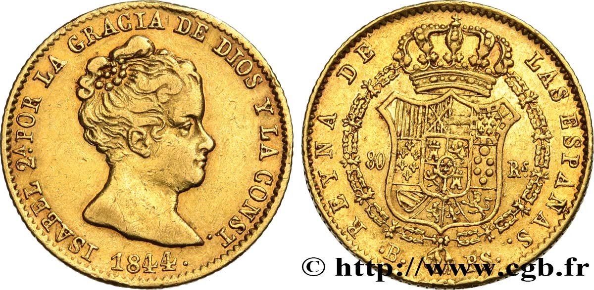 SPAIN - KINGDOM OF SPAIN - ISABELLA II 80 Reales 1844 Barcelone AU 