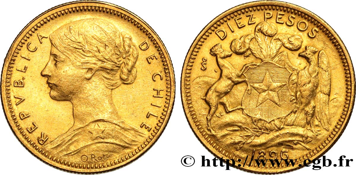 CHILE 10 Pesos 1896 Santiago AU 