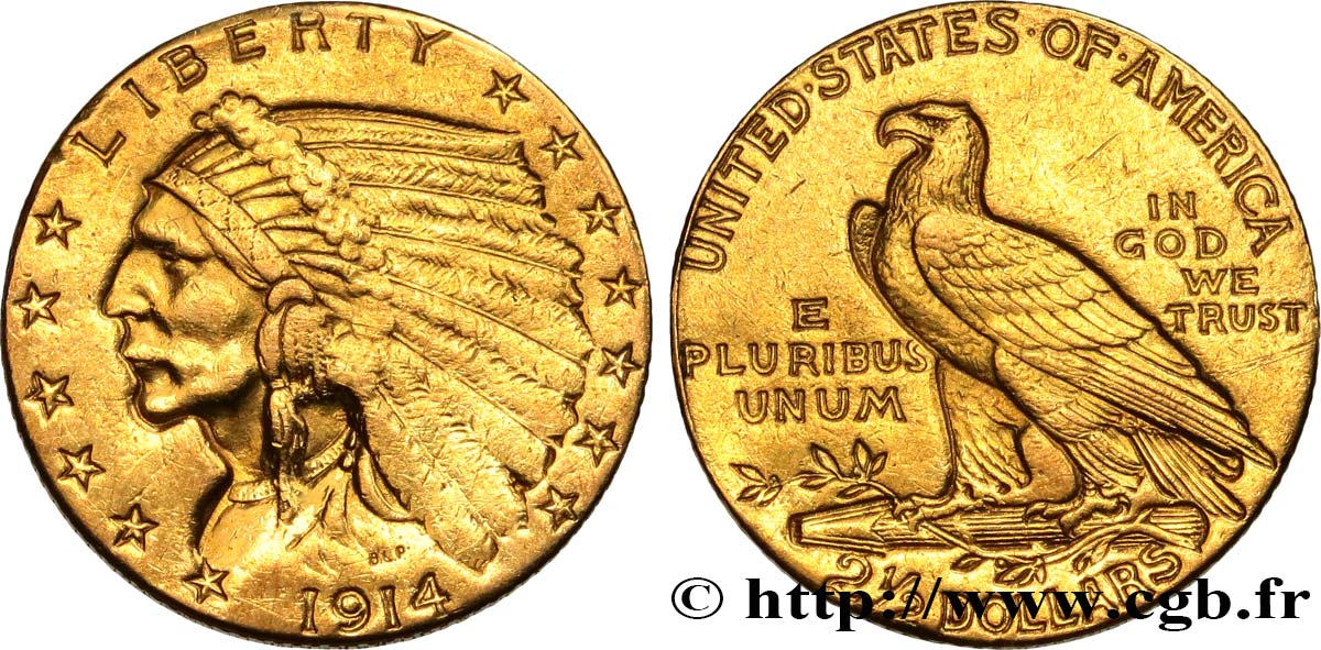 UNITED STATES OF AMERICA 2 1/2 Dollars or (Quarter Eagle) type “tête d’indien”  1914 Philadelphie XF 