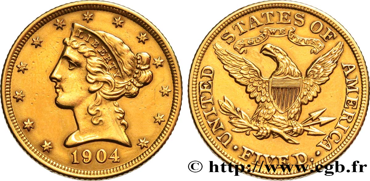 ÉTATS-UNIS D AMÉRIQUE 5 Dollars  Liberty  1904 Philadelphie fVZ 