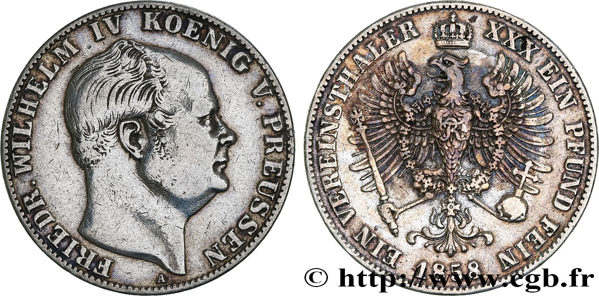 GERMANY - PRUSSIA 1 Thaler Frédéric-Guillaume IV 1858 Berlin VF/XF 
