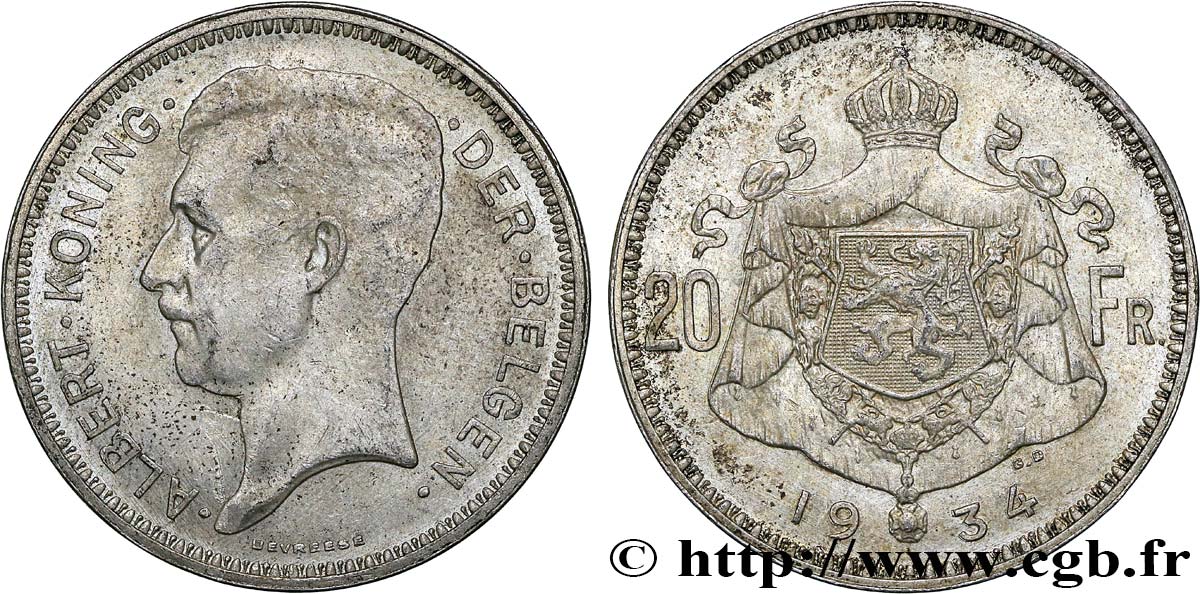 BELGIEN 20 Franken (Francs) Albert Ier légende Flamande 1934  VZ 