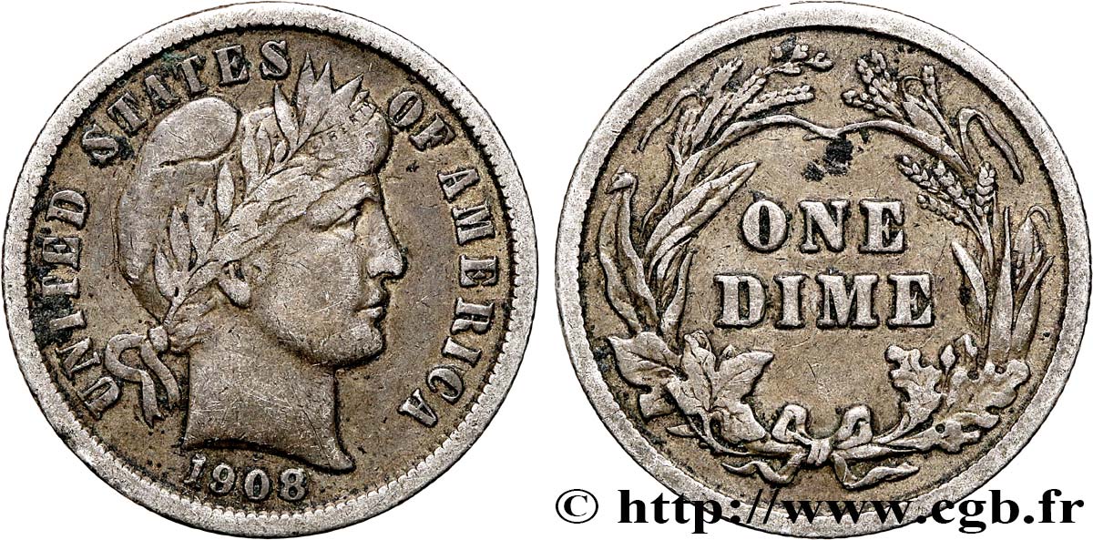UNITED STATES OF AMERICA 1 Dime Barber 1908 Philadelphie XF 