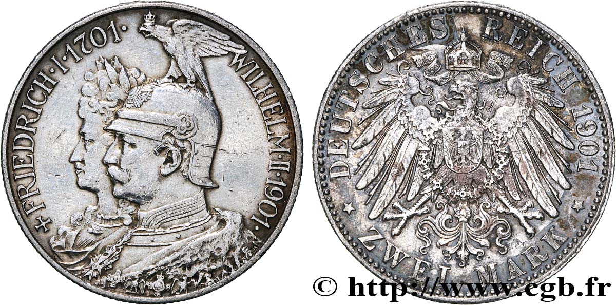 ALLEMAGNE - PRUSSE 2 Mark Guillaume II 200e anniversaire de la Prusse 1901 Berlin TTB+ 
