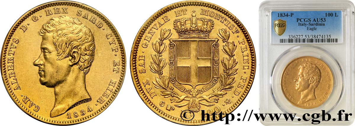 ITALY - KINGDOM OF SARDINIA - CHARLES-ALBERT 100 Lire 1834 Turin AU53 PCGS
