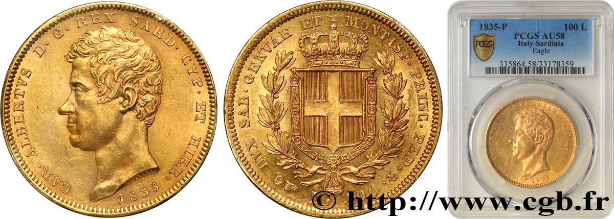 ITALIA - REINO DE CERDEÑA  - CARLO ALBERTO 100 Lire 1835 Turin EBC58 PCGS