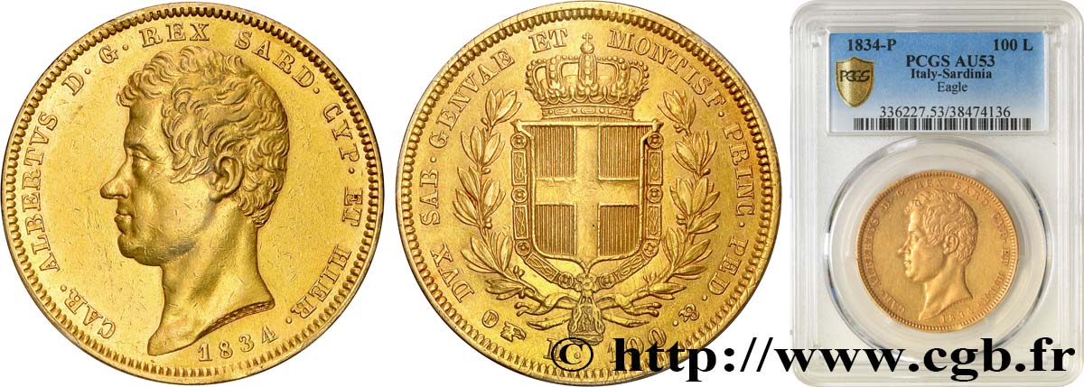 ITALIA - REINO DE CERDEÑA  - CARLO ALBERTO 100 Lire 1834 Turin MBC53 PCGS