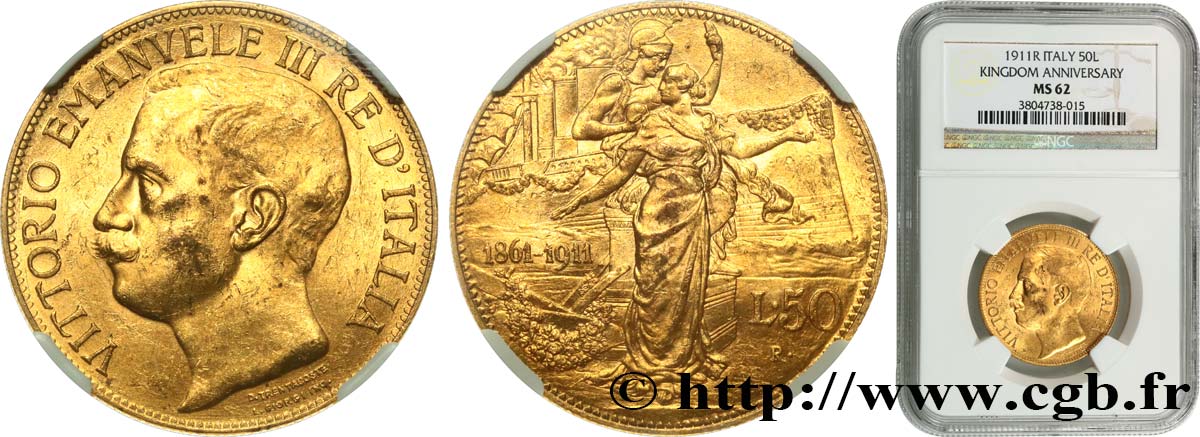 ITALY - KINGDOM OF ITALY - VICTOR-EMMANUEL III 50 Lire  1911 Rome MS62 NGC