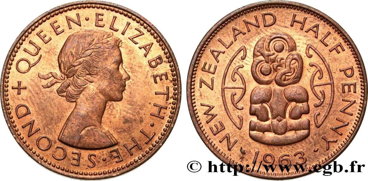 NUOVA ZELANDA
 1/2 Penny Elisabeth II / pendentif maori Hei Tiki 1963  MS 