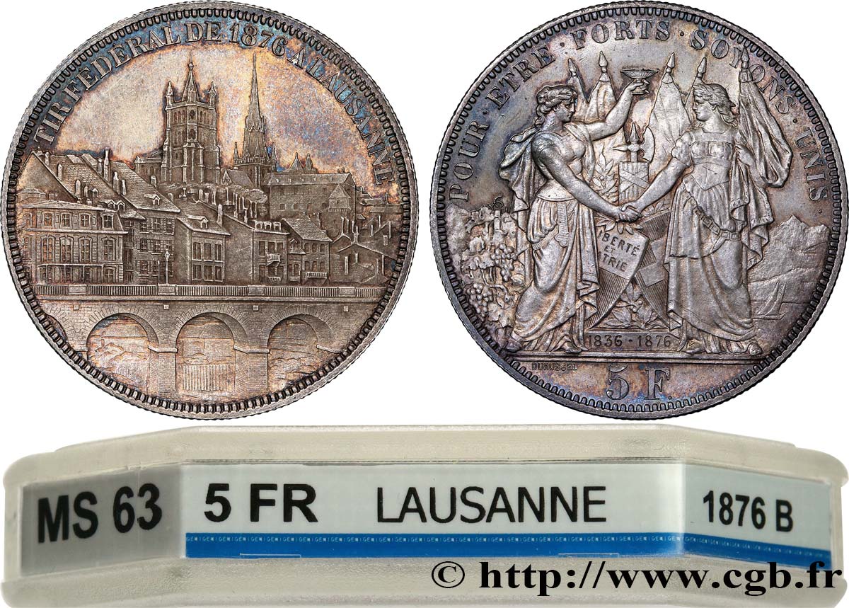 SVIZZERA  5 Francs, monnaie de Tir, Lausanne 1876  MS63 GENI