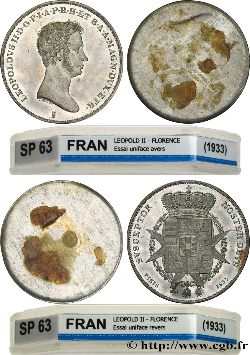 ITALY - GRAND DUCHY OF TUSCANY - LEOPOLD II Paire d’épreuves unifaces 10 Paoli ou Francescone 1833 Florence MS63 GENI