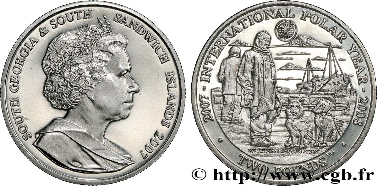 GEORGIA DEL SUD E ISOLE SANDWICH MERIDIONALI 2 Pounds (2 Livres) Proof Année Polaire International 2007 Pobjoy Mint MS 