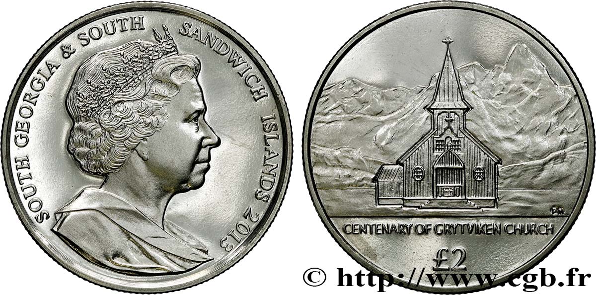SÜDGEORGIEN UND DIE SÜDLICHEN SANDWICHINSELN 2 Pounds (2 Livres) Proof Centenaire de l’église de Grytviken 2013 Pobjoy Mint fST 