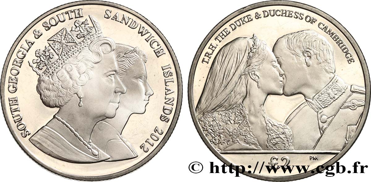 SOUTH GEORGIA AND SOUTH SANDWICH ISLANDS 2 Pounds (2 Livres) Proof Mariage du Duc et de la Duchesse de Cambridge 2012 Pobjoy Mint MS 