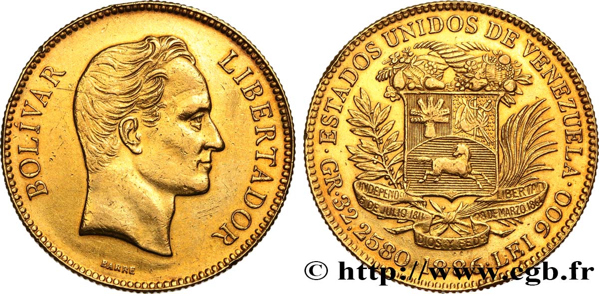 VENEZUELA 100 Bolivares Simon Bolivar 1886 Caracas q.SPL 