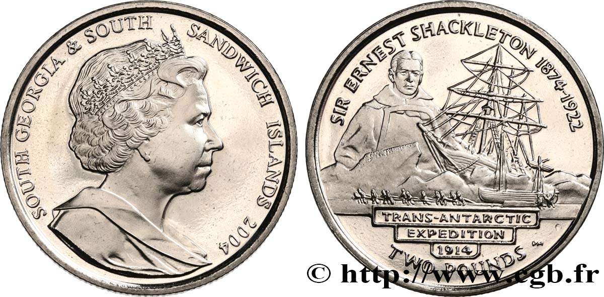 GEORGIA DEL SUD E ISOLE SANDWICH MERIDIONALI 2 Pounds (2 Livres) Proof Sir Ernest Shackleton 2004 Pobjoy Mint MS 