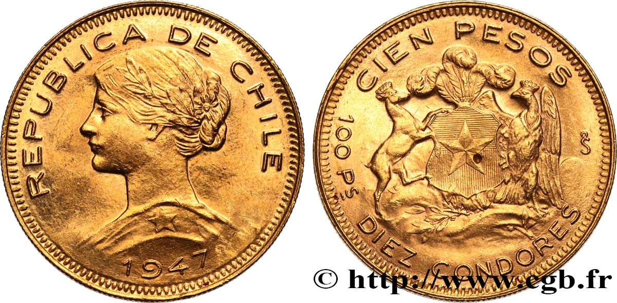 CHILI 100 Pesos or ou 10 condores en or, 2e type 1947 Santiago SUP 